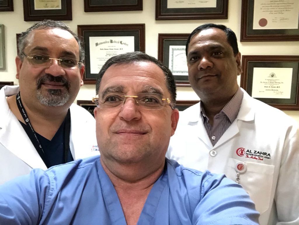 Great team work with long day at Alzahra Cancer center Dubai, Sadir Alrawi, Arun Kanala, Thames Alkassab 7th February 2018.