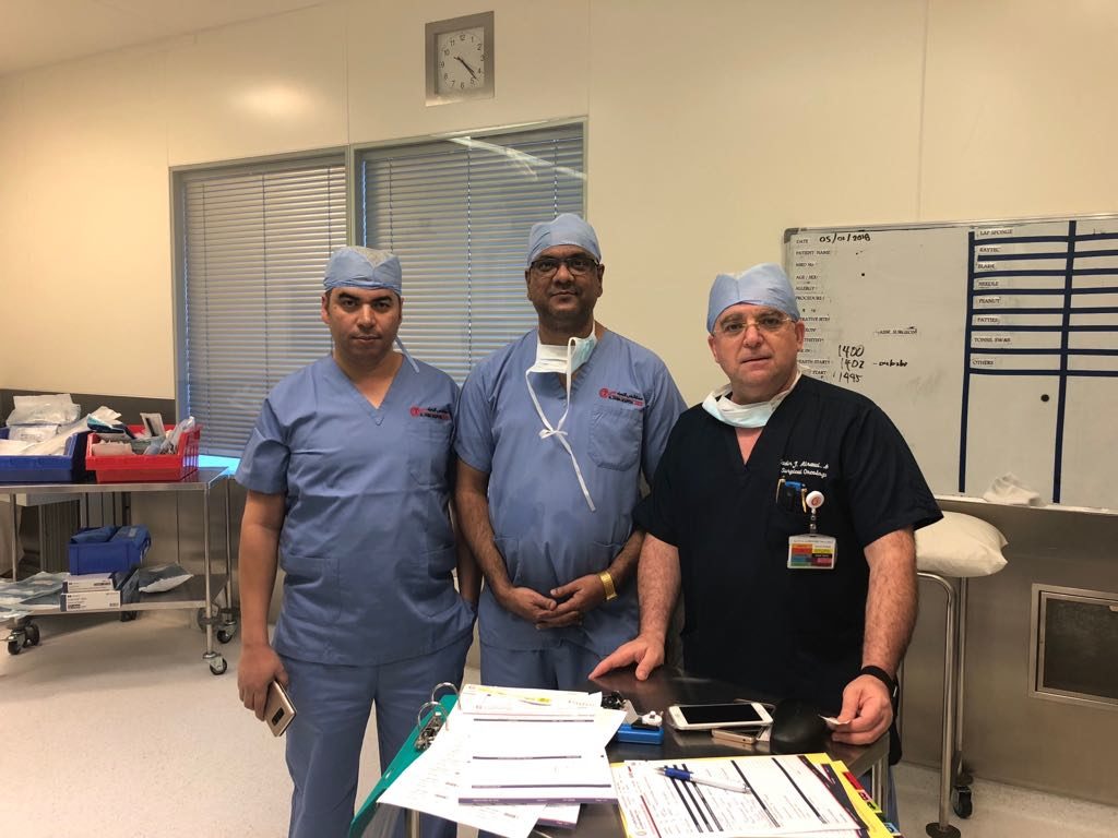 Group photo after tough operation of sarcoma recurrence in Right lung and Pleural space With Sadir Alrawi, Arun Kanala and do by Mohamed February 2018.